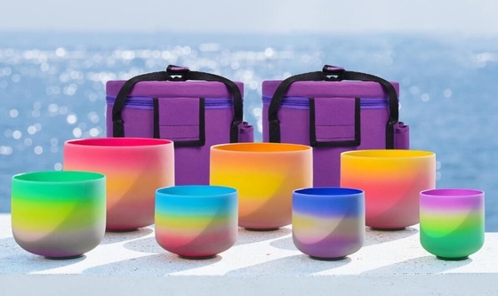 Ensemble de 8-14 bols chantants en cristal Rainbowl Color pour la guérison sonore avec sacs de transport